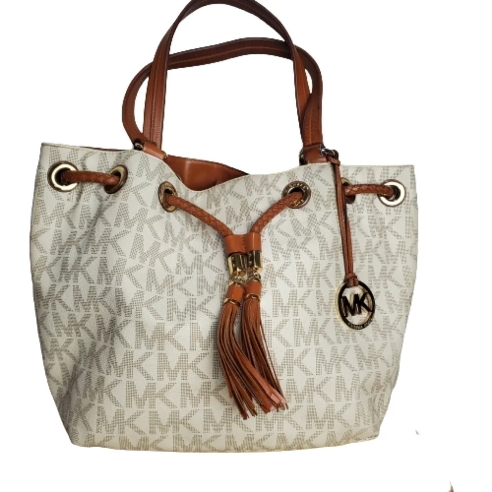 Michael Kors Jet Set Large Logo Leather Gathered Brown Vanilla Tote Purse 15